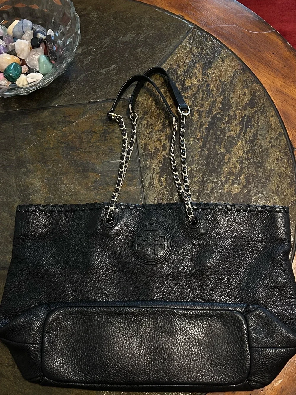 Tory Burch Black Pebbled Leather Chain-Handle Tote